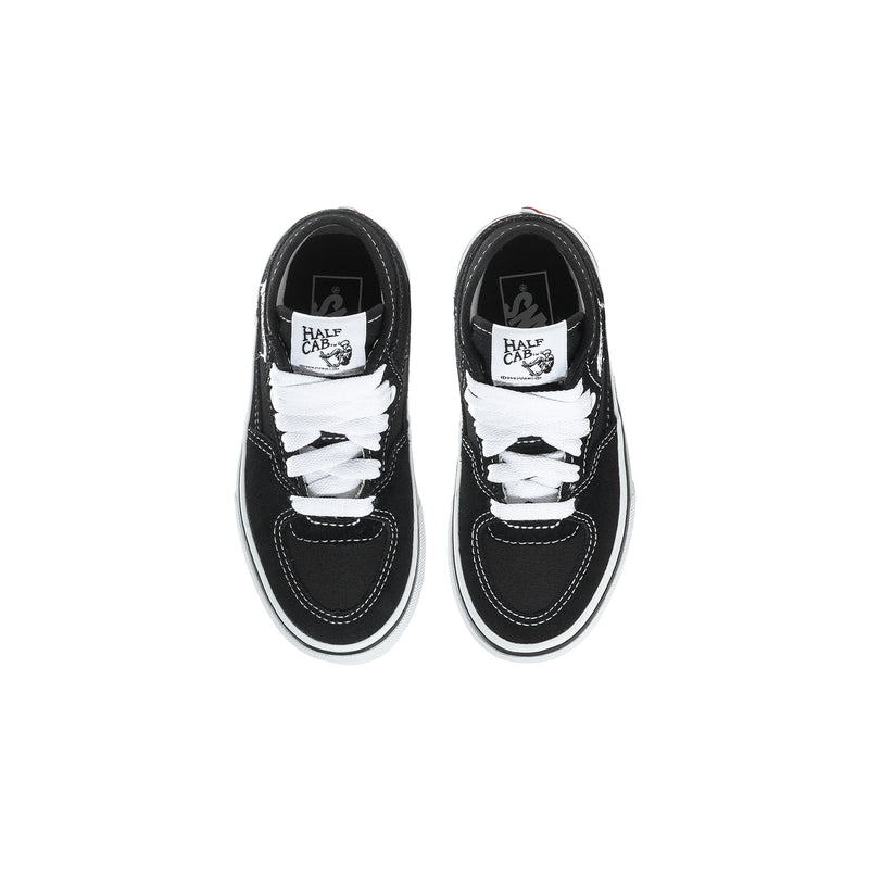 Kids half-calf sneaker pair, black uppers with white laces and logo on tongue