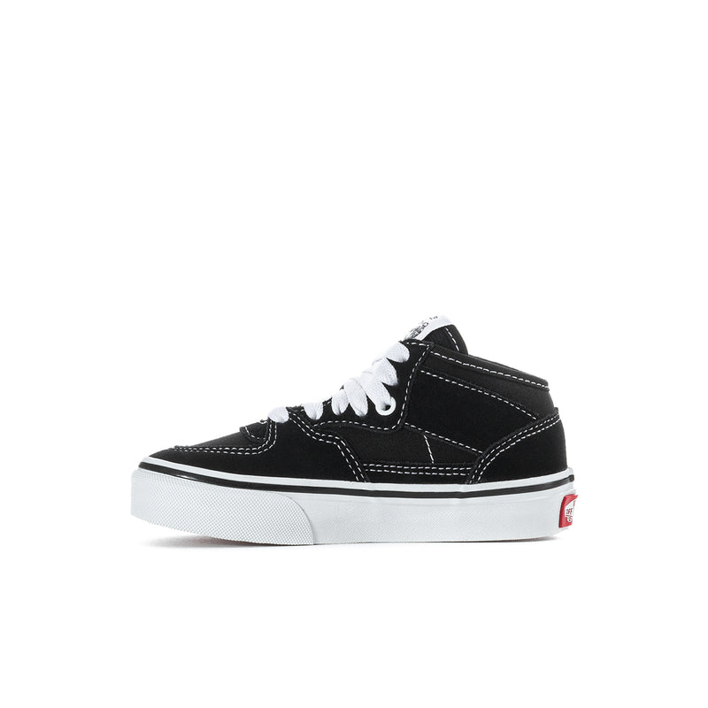 Single kids half-calf sneaker, black with white contrast stitching and side stripe