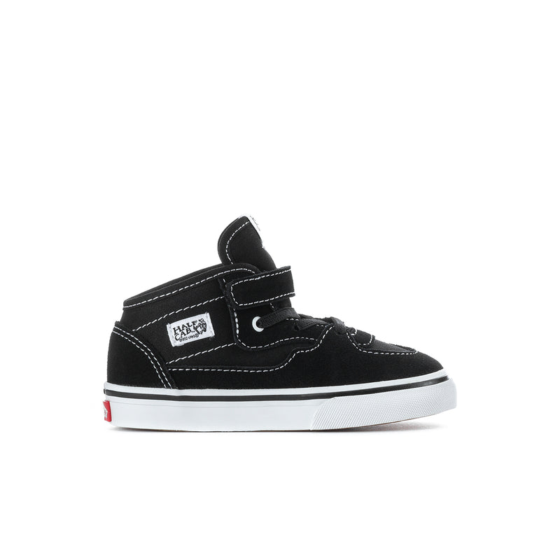 Toddler half-calf sneakers in black with hook-and-loop strap, laces, and white sole trim