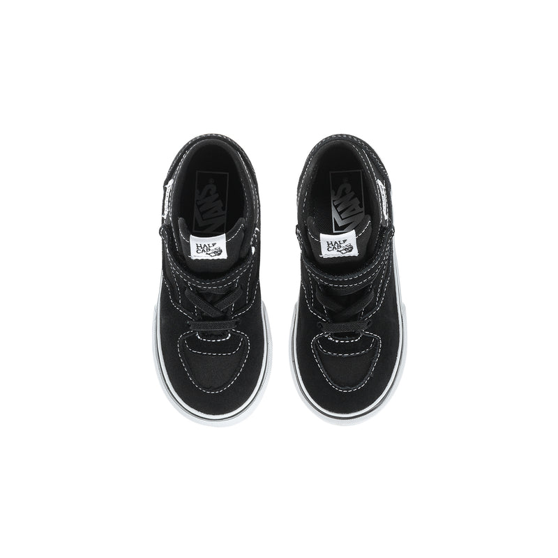 Toddler half-calf sneakers, black uppers with laces and Vans tongue label, side stripes
