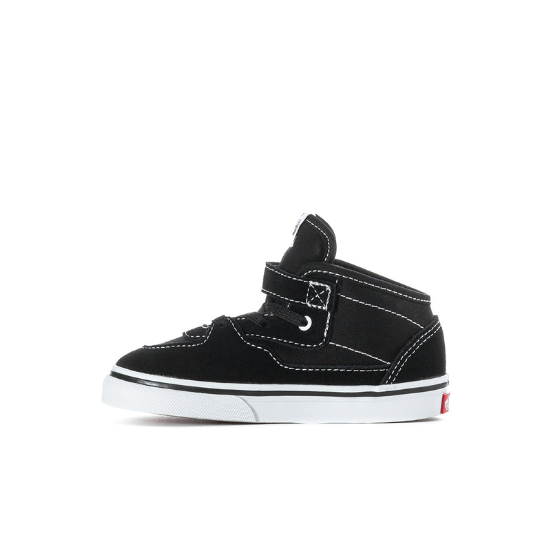 Toddler half-calf black sneaker with hook-and-loop strap, stitched overlays, and white midsole