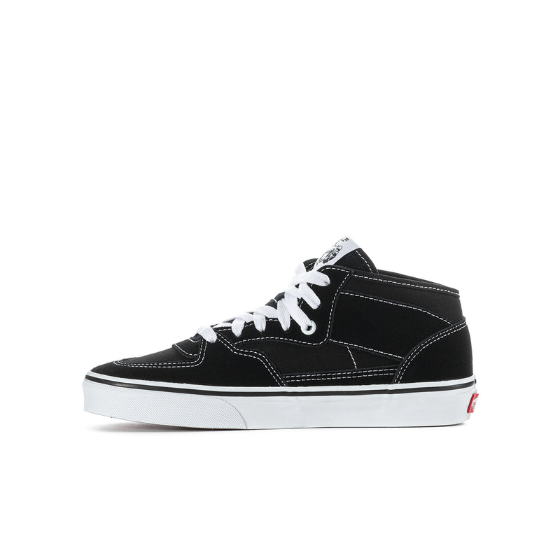Youth black high-top sneaker side view with white laces and logo patch
