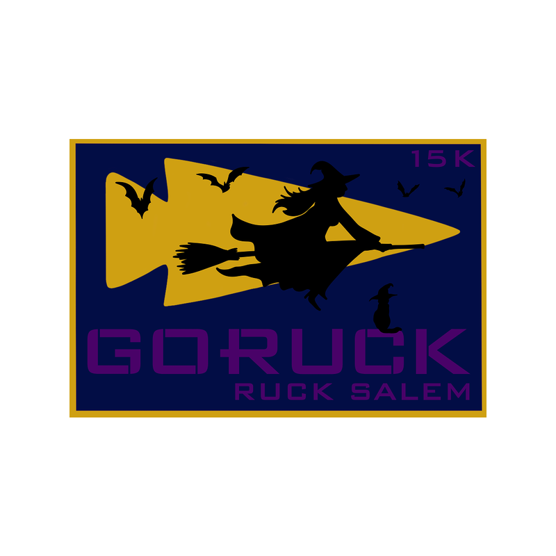 A witch, bats, and a cat with "GORUCK RUCK SALEM 15K" text on a dark background—perfect for the Halloween Event Weekend and the ultimate rucking challenge in Salem.