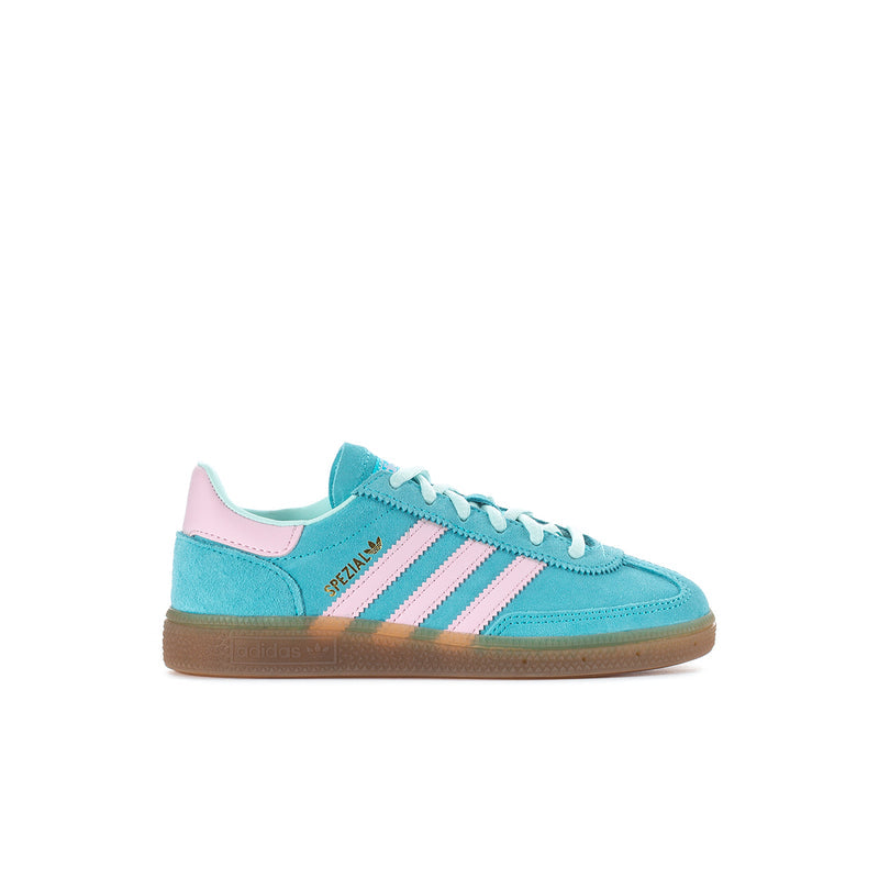 Kids adidas Handball Spezial sneakers, aqua suede, pink 3-stripes, gum sole