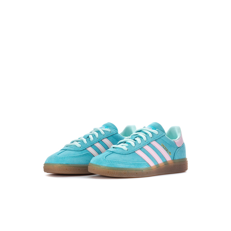 Kids adidas sneakers in aqua with pink stripes and lace-up, gum outsole