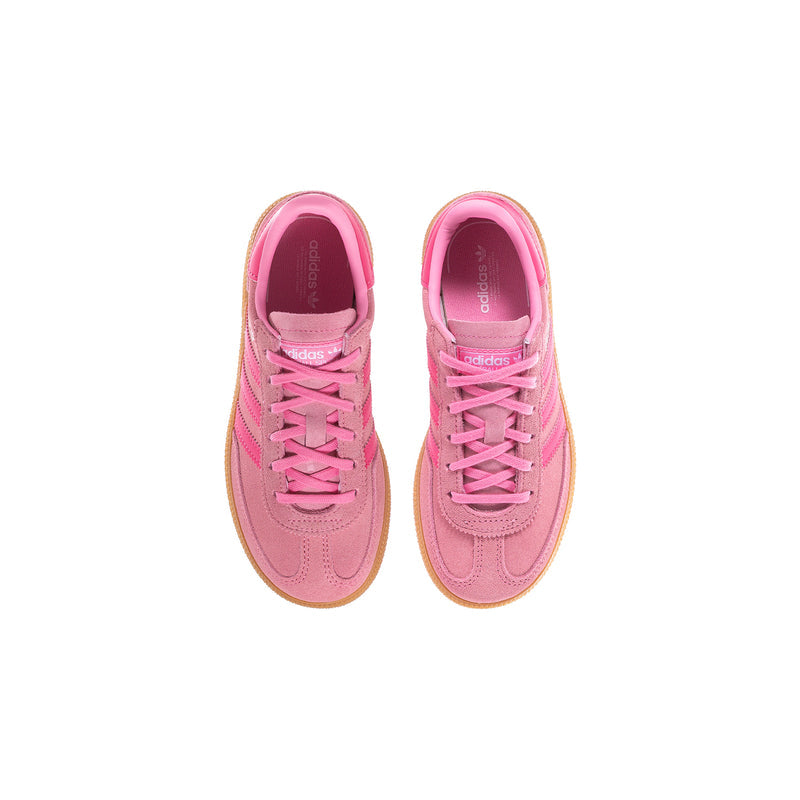 Pair of kids pink lace-up sneakers with cushioned collars and gum rubber soles