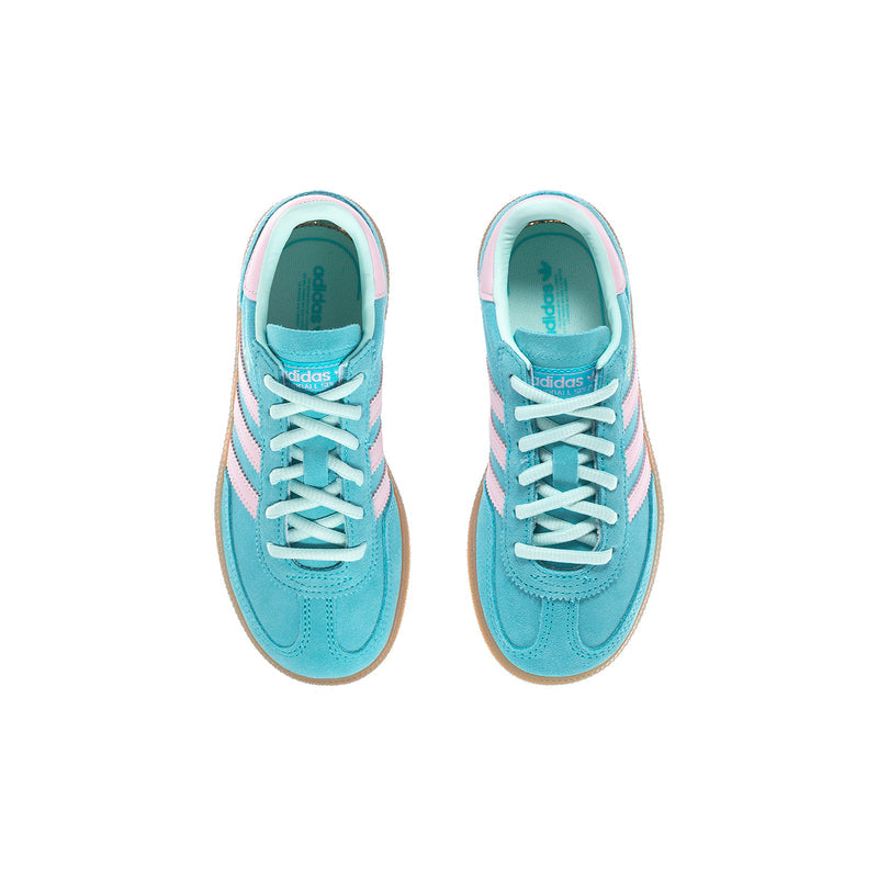 Pair of kids adidas sneakers, teal/aqua uppers with pink stripes and lace-up