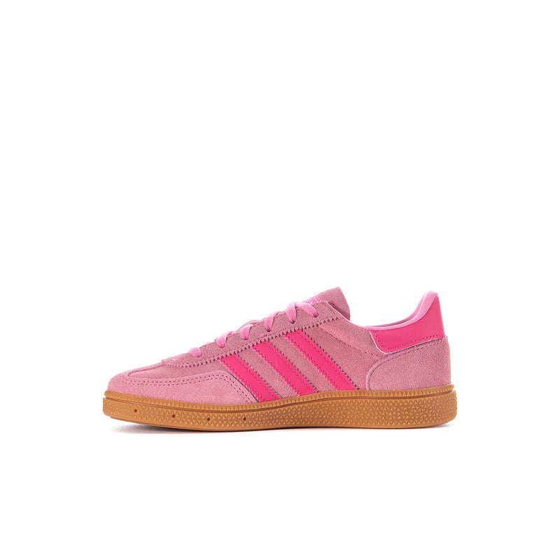 Kids pink suede low-top sneaker with lace-up closure and three stripe overlays
