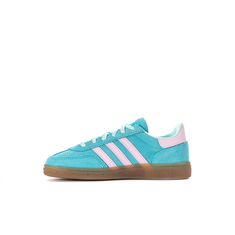Kids adidas sneakers side angle, aqua suede, pink stripes, lace-up, gum sole