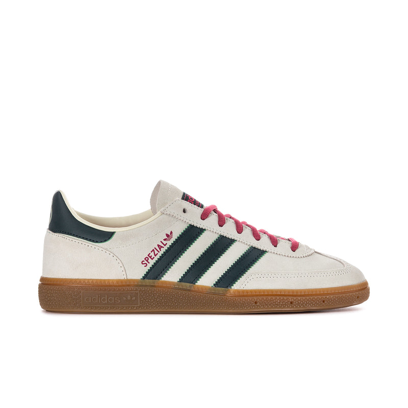 Men's Handball Spezial sneakers in ivory with teal stripes, pink laces, gum sole.