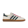 Men's Handball Spezial sneakers in ivory with teal stripes, pink laces, gum sole.