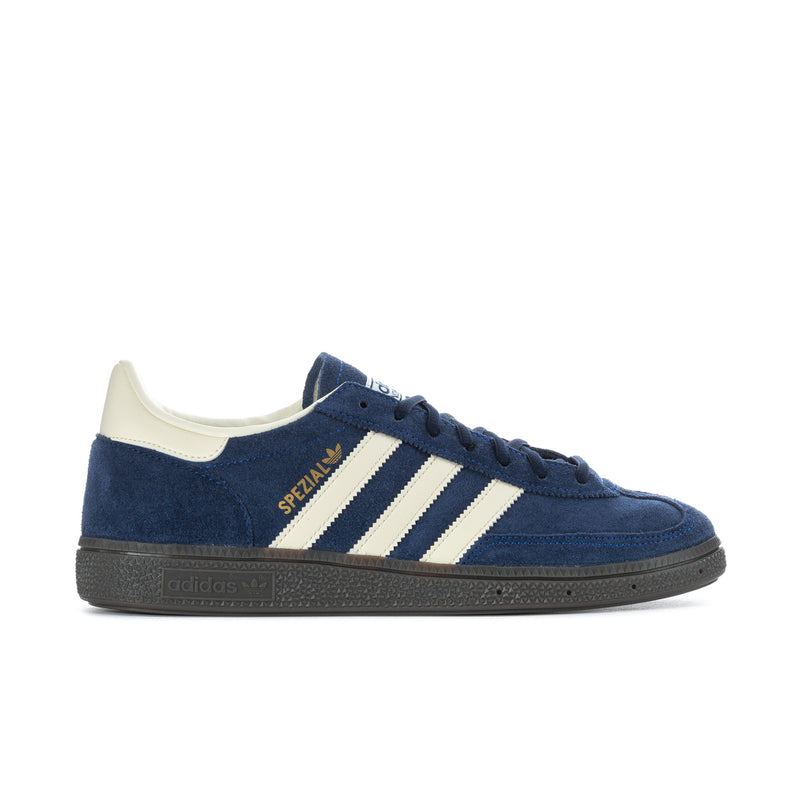 Men's blue suede low-top sneakers with cream three-stripe detail and lace-up