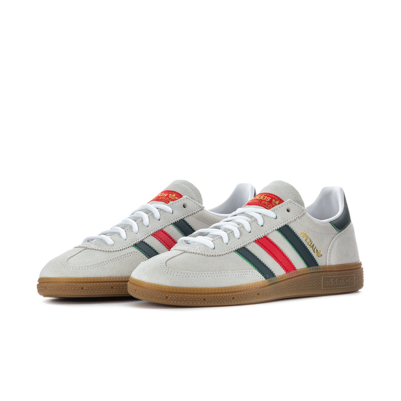 Men's low-top suede sneakers in white with red/green stripes and gum rubber sole