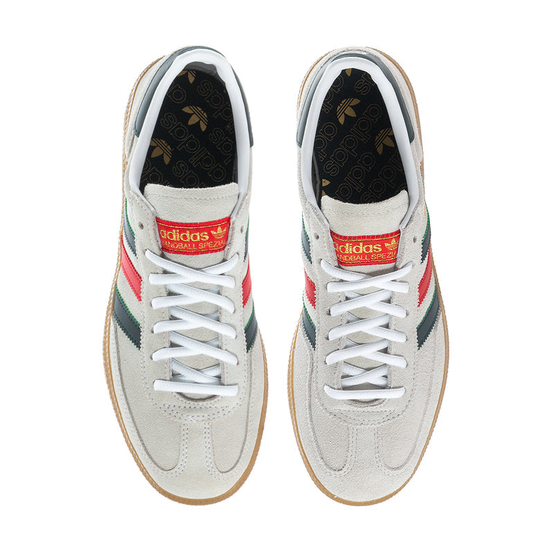 Men's suede sneakers with lace-up front, white uppers, branded tongue lining
