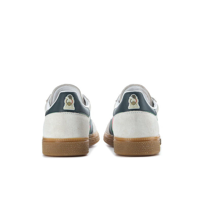 Men's suede sneakers with heel tab, white uppers, and gum rubber heel sole