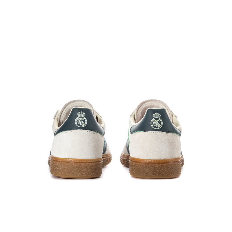 Men's Handball Spezial sneakers, heel view: ivory leather with teal accents and gum soles.