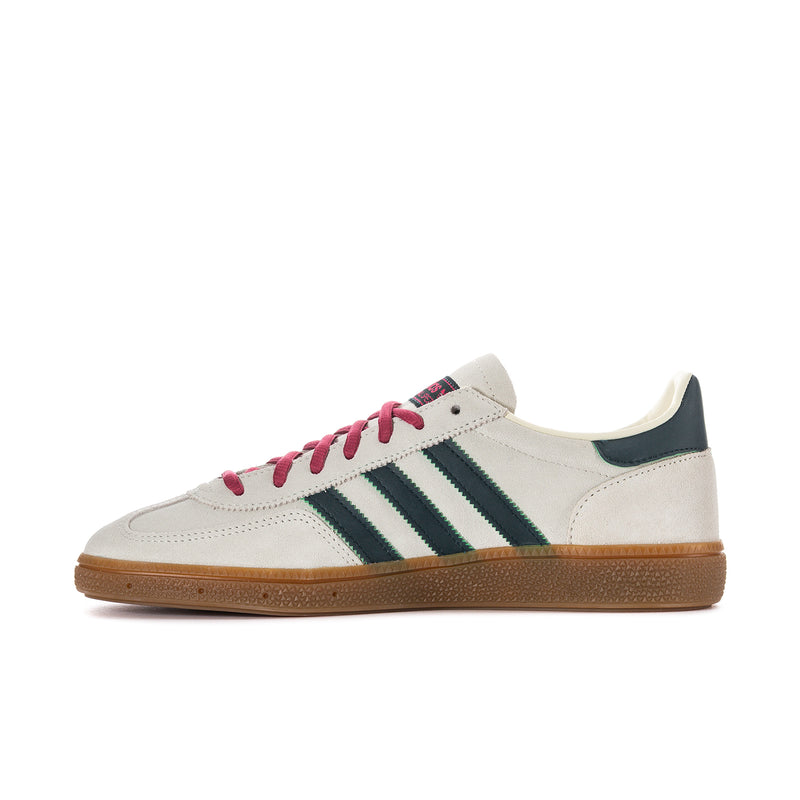 Men's Handball Spezial low sneakers in ivory with teal stripes and pink lace-up.