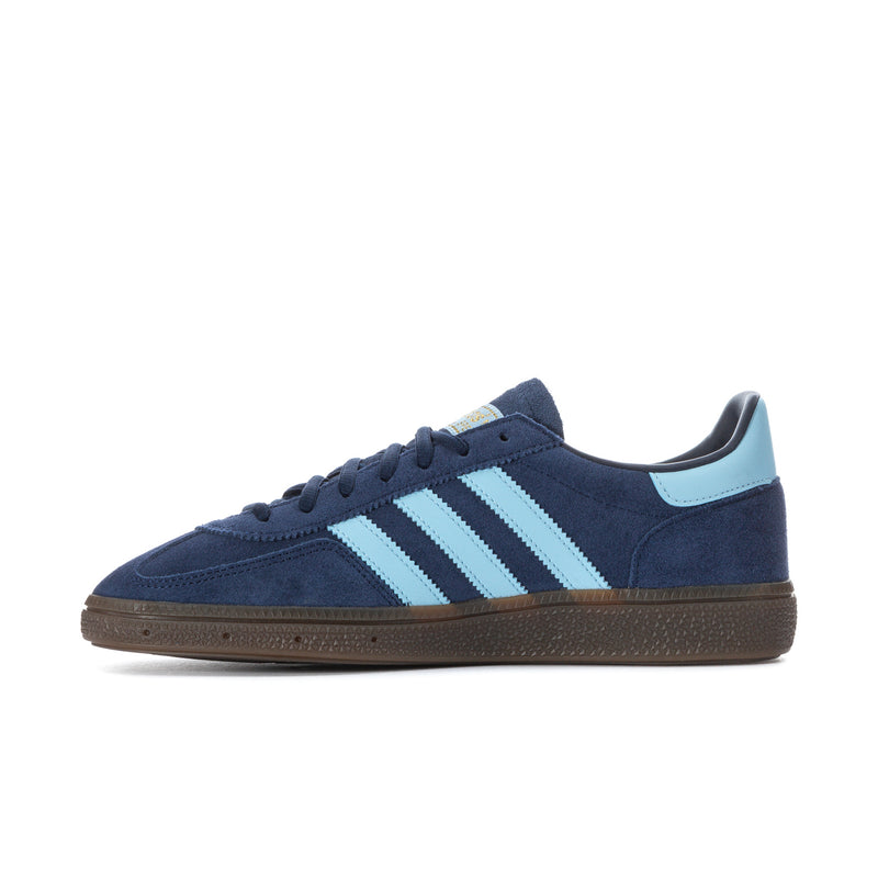 Navy suede low-top sneaker with light blue stripes and lace-up front.