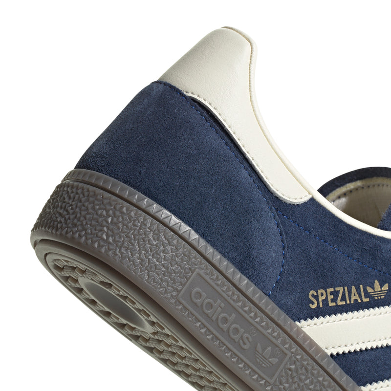 Heel close-up of men's blue suede sneaker with SPEZIAL branding