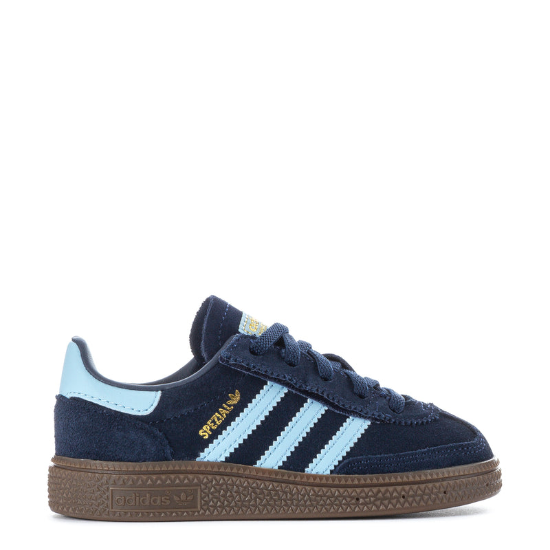 Toddler navy suede sneakers with light blue stripes, gum sole, and SPEZIAL detail