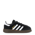 Kids black and white adidas Handball Spezial sneakers with three stripe accents and gum sole.