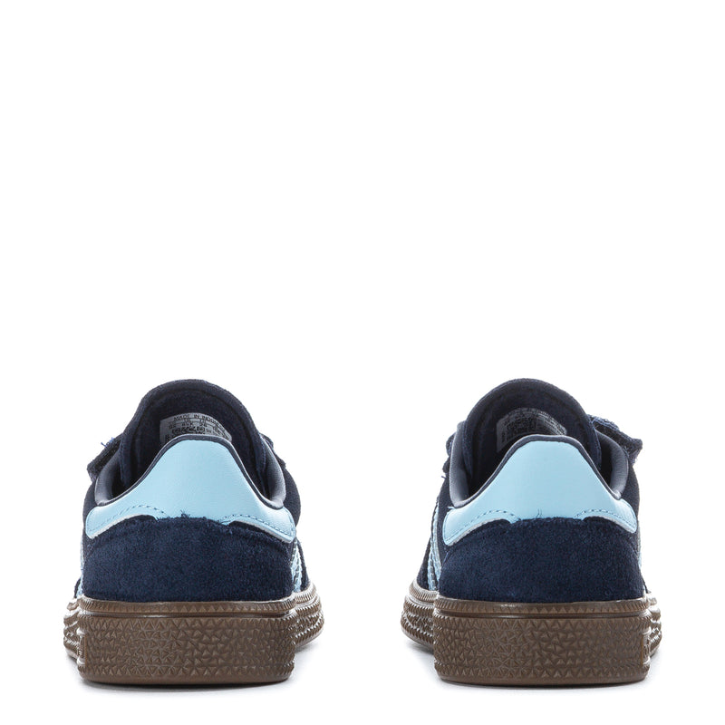 Toddler navy sneakers rear view with light blue collar lining and textured gum sole