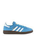 Youth light blue suede sneakers with white triple stripes and brown gum sole