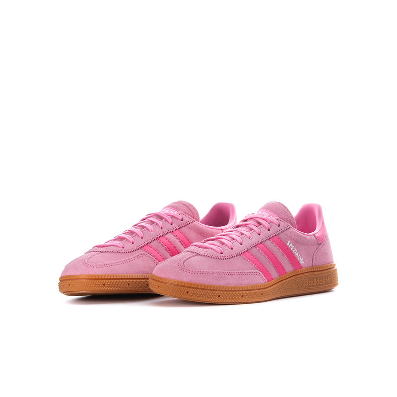 Youth pink adidas low-top sneakers, twin shoes side view, gum outsole