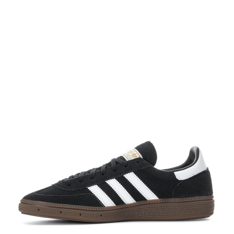 Youth black suede adidas sneakers with white triple stripes and lace-up front