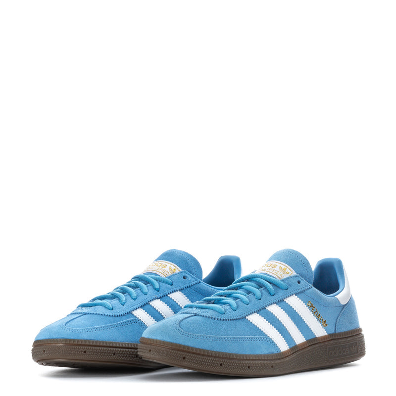 Youth light blue sneakers with white triple stripes and brown gum sole, side-by-side view
