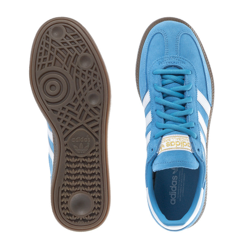 Youth light blue sneakers shown with outsole tread and matching blue lace-up upper