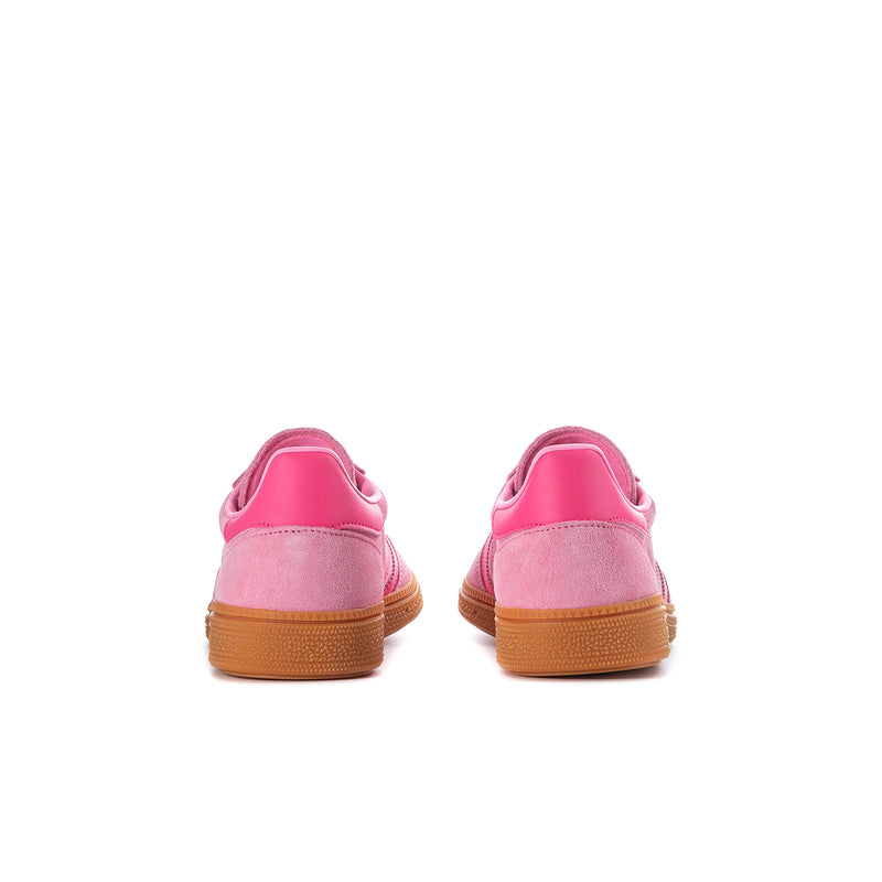 Youth pink adidas sneakers heel view with gum-brown rubber sole