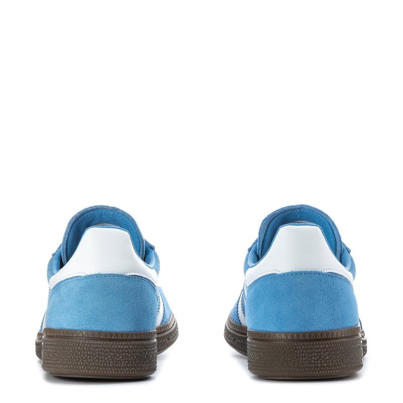 Youth light blue suede sneakers with white heel tabs and brown gum heel outsole