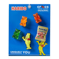 Haribo Jibbitz charms set on blue package, gummy bear and Goldbears bag charms