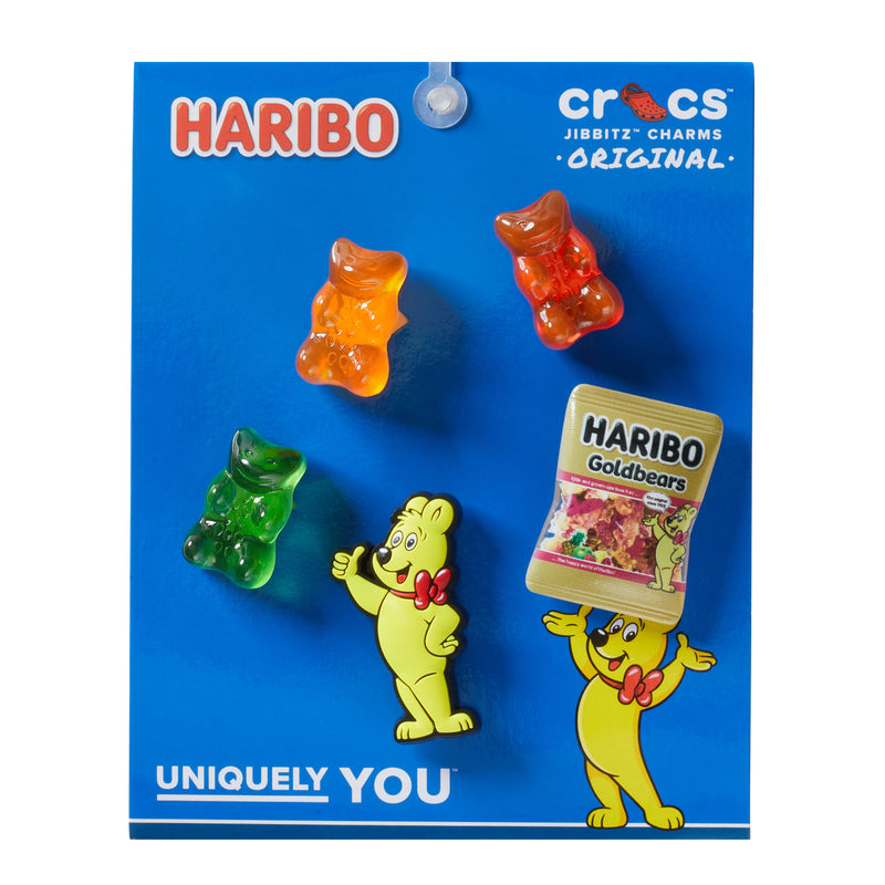 Haribo Jibbitz charms set on blue package, gummy bear and Goldbears bag charms