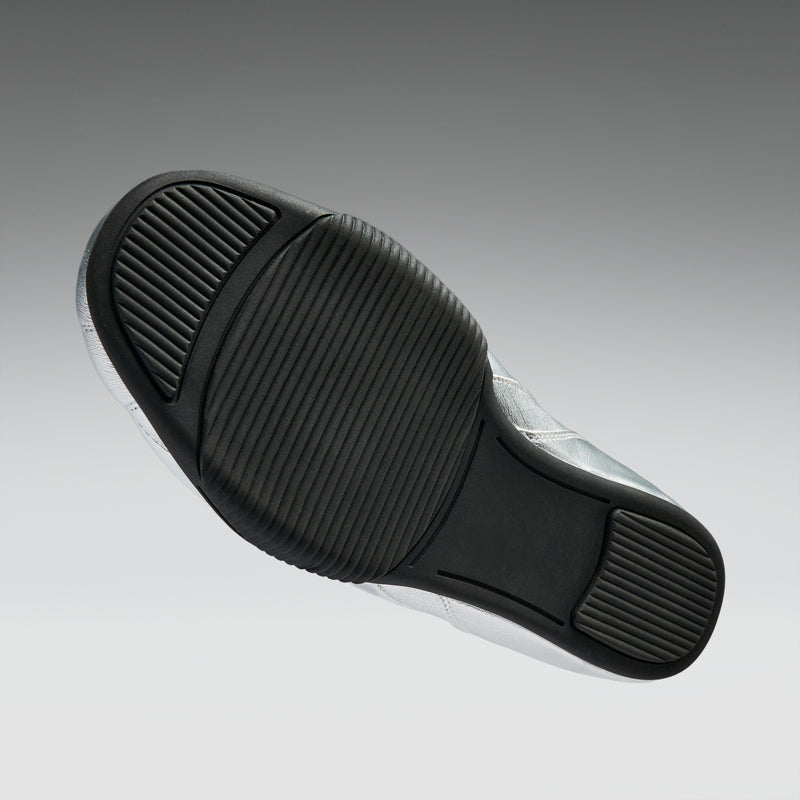 Close-up of a black shoe sole on a gray background
