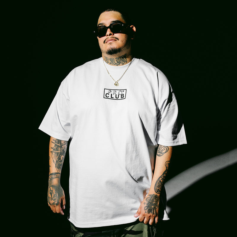 Men's white T-shirt with PRUB CLUB embroidered box logo, crew neck, short sleeves