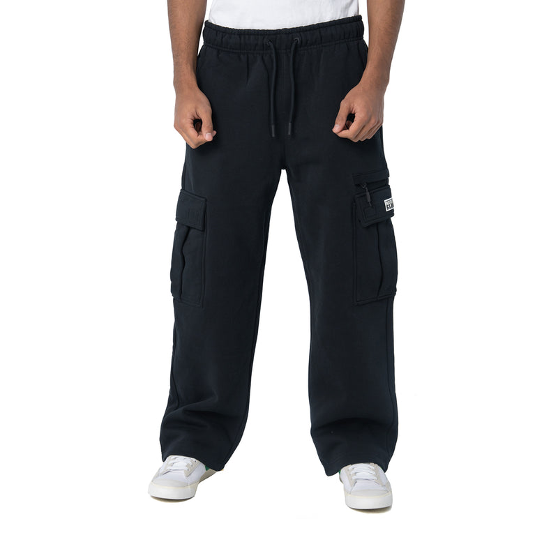 Dark cargo sweatpants with drawstring waist and side cargo pockets