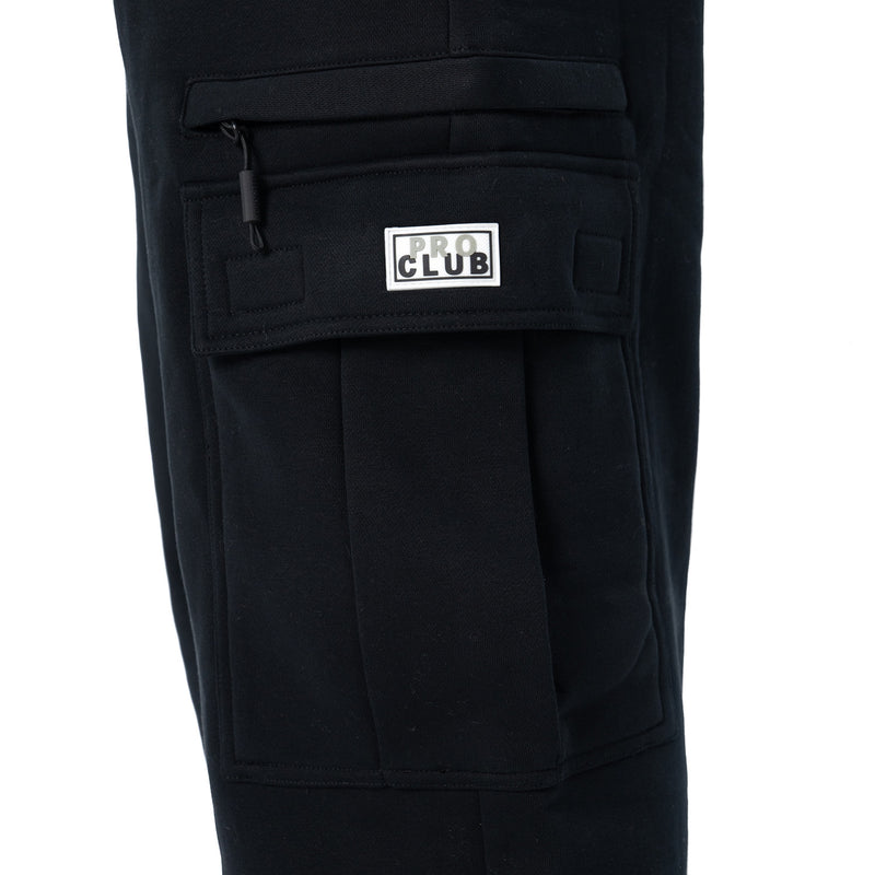 Black cargo sweatpants front with PRO CLUB label on utility pocket