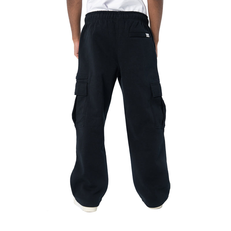 Black cargo sweatpants, rear view, elastic waistband and cargo pockets