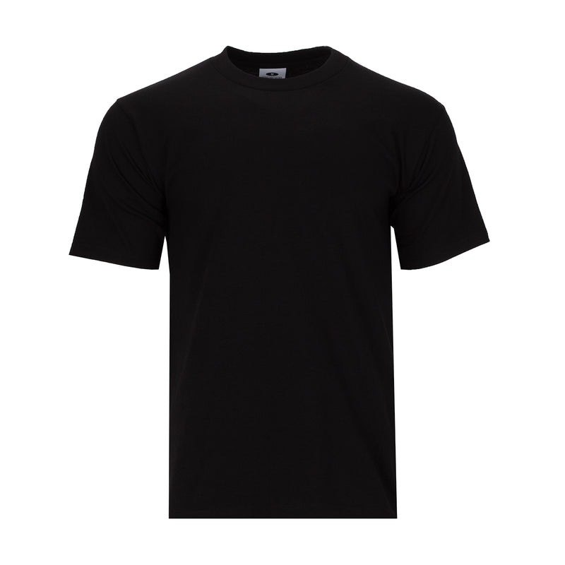 Men's heavyweight black crew-neck T-shirt, short sleeves, solid front.
