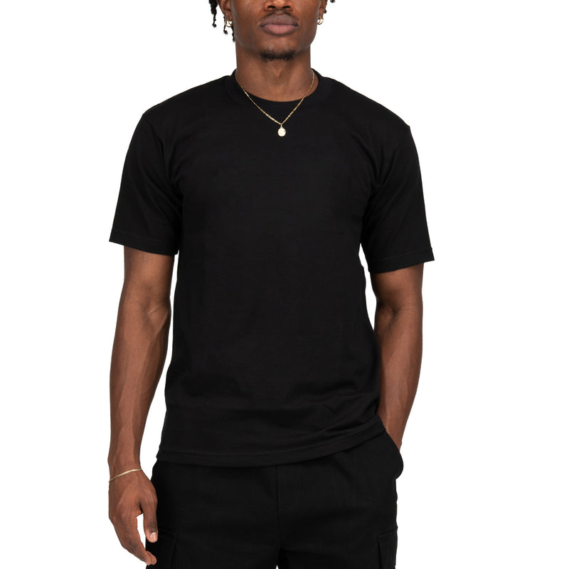 Black heavyweight crew-neck T-shirt on model, short sleeves, solid knit.