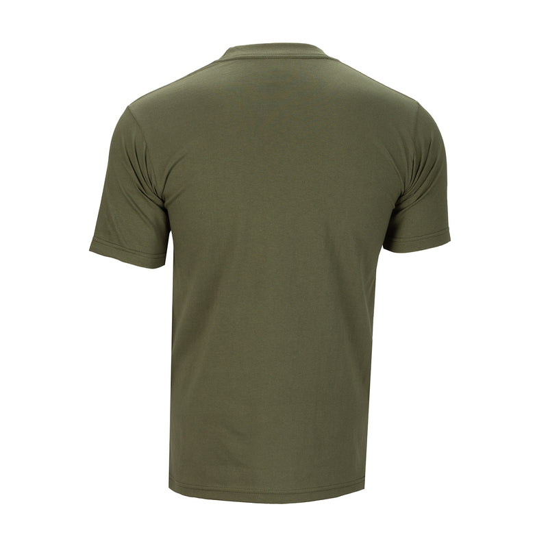 Men's heavyweight olive crew neck T-shirt, short sleeves, back view
