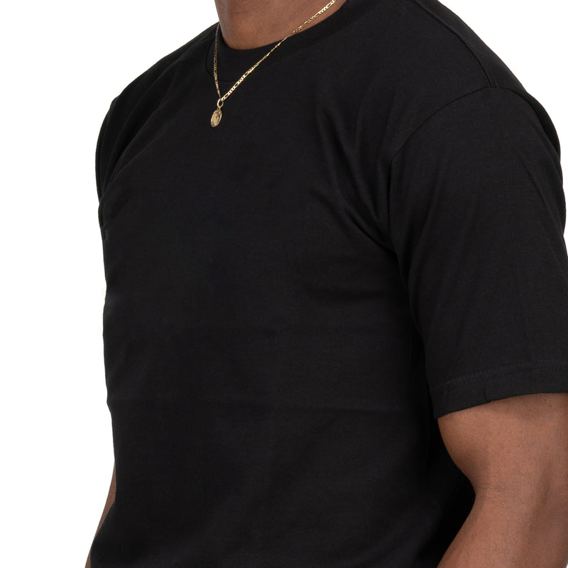 Black heavyweight crew-neck T-shirt close-up, smooth knit and short sleeve.