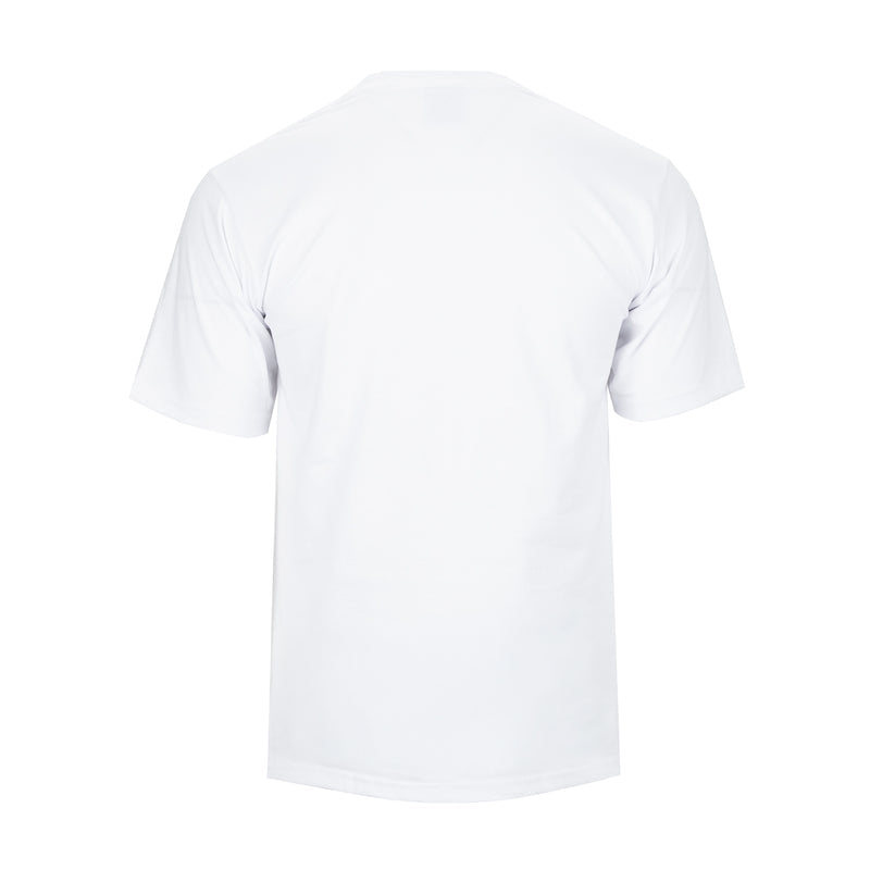 Men's white crew neck T-shirt, back view with short sleeves