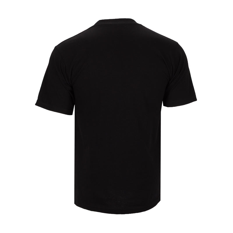 Black heavyweight crew-neck T-shirt back view, short sleeves, solid finish.