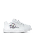 Kids' white Hello Kitty court sneakers with pink character graphic and lace-up style