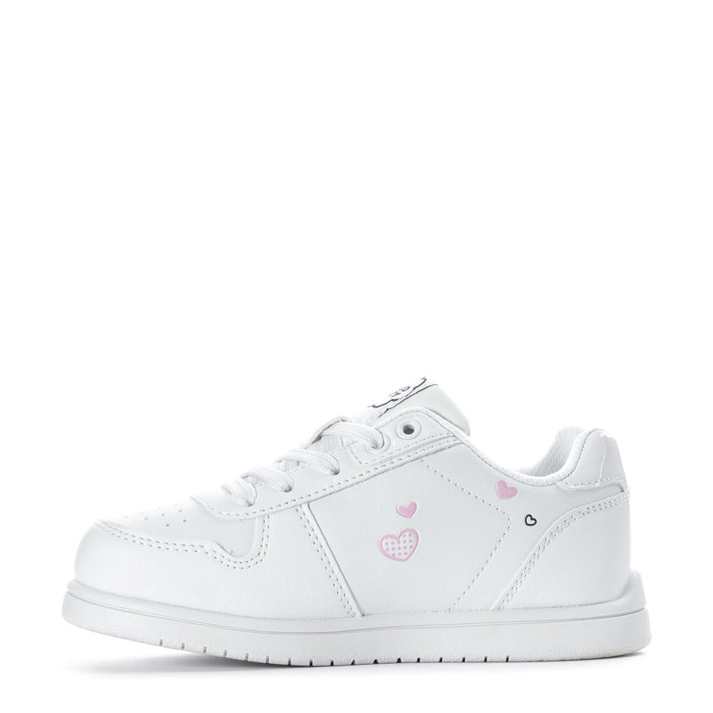 Kids' white low-top Hello Kitty sneakers with pink heart and side details, lace-up