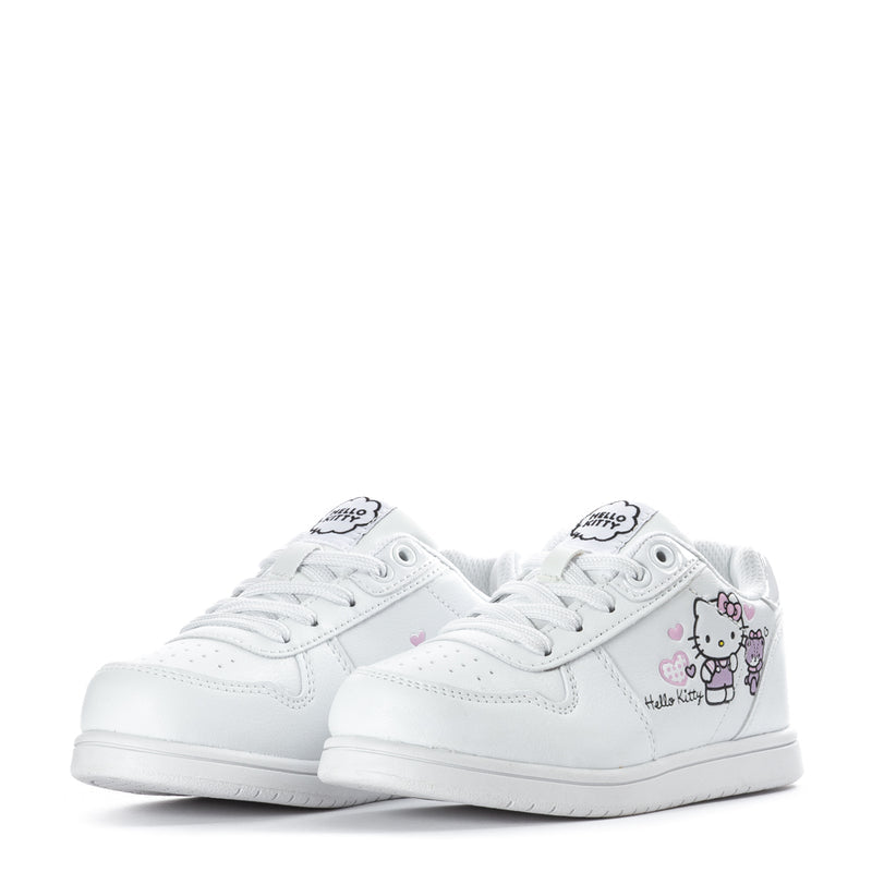 Kids' white Hello Kitty sneakers, front view with pink Hello Kitty artwork and laces
