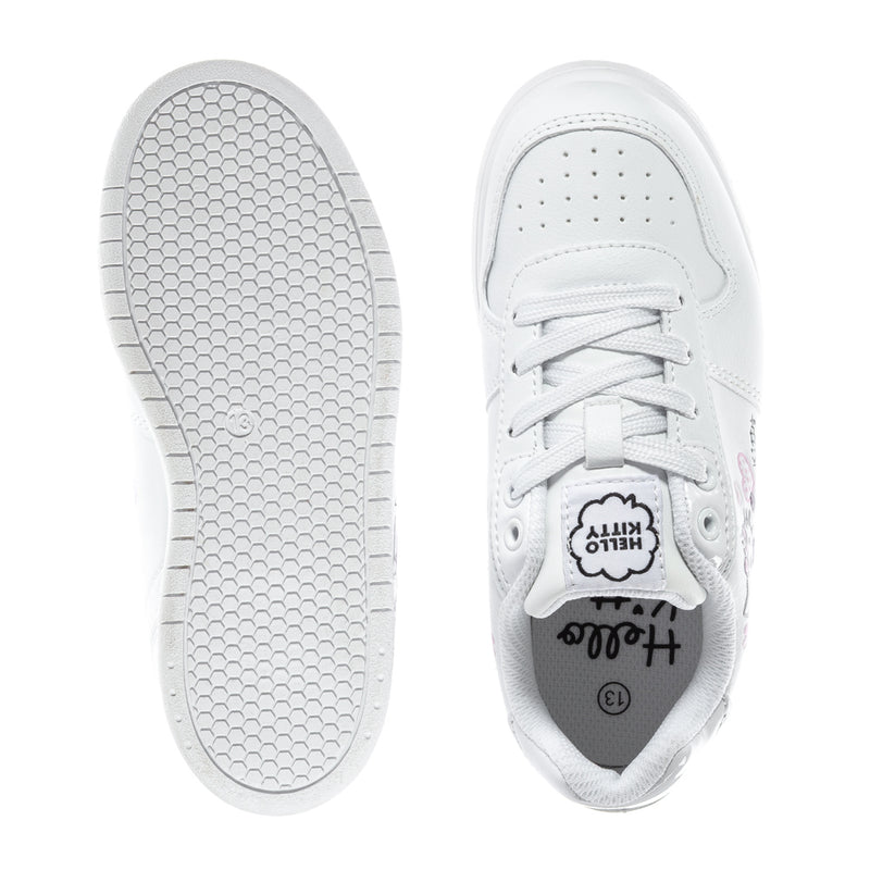 Kids' white sneaker outsole and lace-up tongue with inner Hello Kitty label